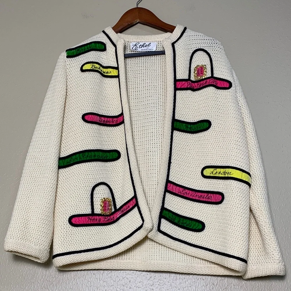 Ethel of Beverly Hills Travel Novelty Cardigan Wool Sweater Cream Women's M - Picture 1 of 16